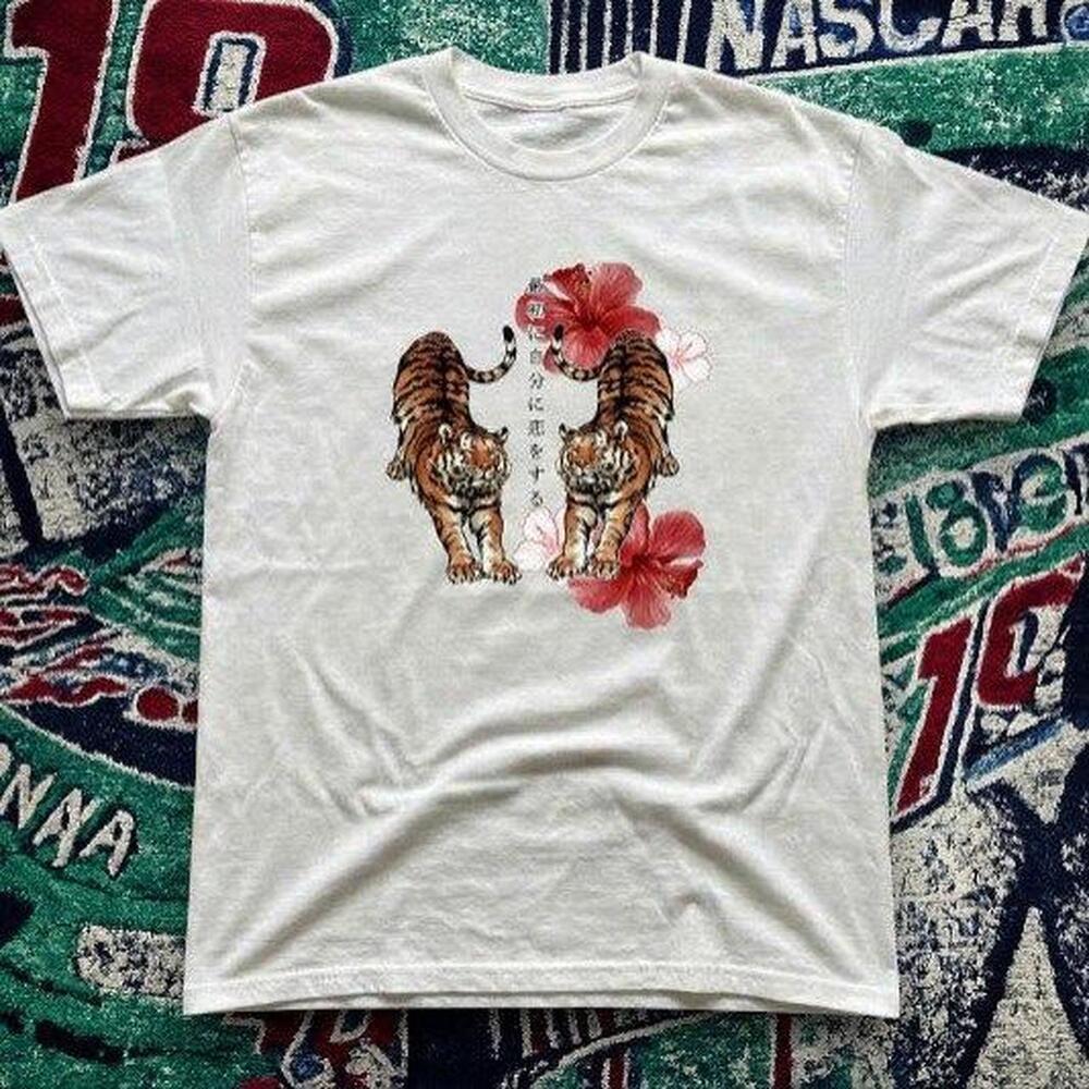 Y2K Aesthetic Twin Tiger Floral Graphic Tee White Unisex